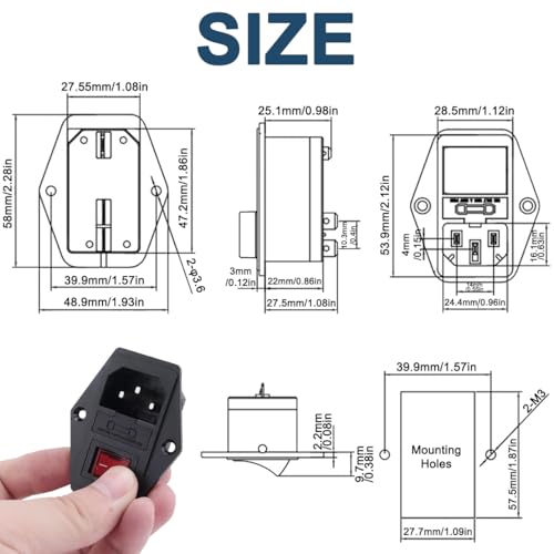 DAOKAI Netzbuchse Eingangsmodul 10A 250V,Wippschalter Power Jack 3 Pin IEC320 C14 Stecker Netzschalter mit 10A Sicherung 18 AWG Verlängerungskabel für 3D Drucker-2pcs