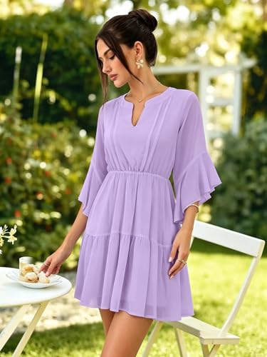 Image of Womens Spring Summer Mini Dress Western Ruffled Sleeve Chiffon V Neck Flowy A Line Short Wedding Guest Party Dresses