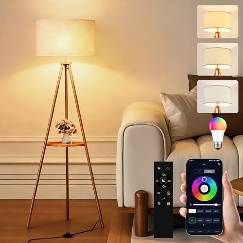 homzuri 58.3 Mid-Century Tripod Floor Lamp with Shelf Hidden Wiring RGB Dimmable Bulb Included Remote & App Control Iron Corner Standing Lamp with Linen Shade for Living Room Bedroom