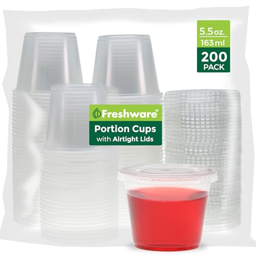 Image of Freshware Plastic Portion Cups with Lids [5.5 Ounce, 200 Sets] Souffle Cups, Jello Shot Cups, Condiment Sauce Containers For Sampling, Sauce, Snack or Dressing