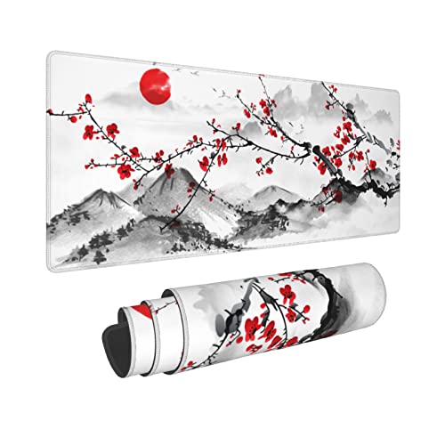 Image of Watercolor Japanese Cherry Blossom Mouse Pad 31.5 X 11.8 Inch XL Red Floral Design Extended Gaming Mousepad Large Non-Slip Rubber Base Keyboard Desk Mat with Stitched Edges for Gaming and Office