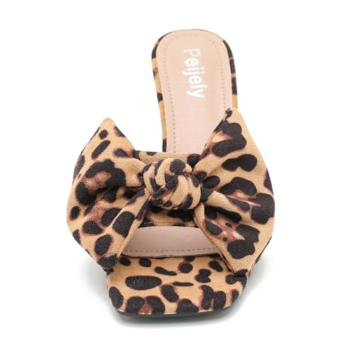 Women's Bow Sandal Mid High Kitten Heel Slip on Square Toe Mule Heels4