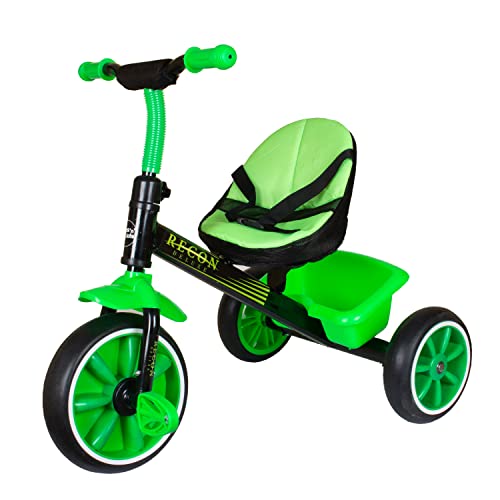 Image of Toys Treasure Recon Tricycle with Cushioned Seat, Storage Basket and Safety Belt for Toddlers Green