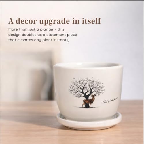 Image of Urban Upvan Tree Design Printed Ceramic Pot with Tray - Premium Decorative Planter for Indoor & Outdoor Plants, Modern Elegant Flower Pot for Home, Garden & Office