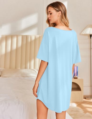 Image of Ekouaer Nightgowns for Women Bamboo Viscose Sleepshirt Short sleeve Nightshirt V Neck T shirt Night gown Boyfriend Sleepwear