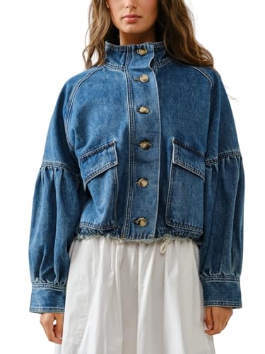 ChiyeeKiss Womens Denim Bomber Jacket Ballon Sleeve Twill Coat Drawstring Waist Outerwear with Pockets(0676-Denim-M)