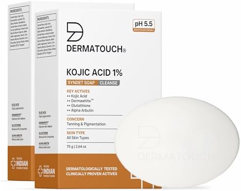 DERMATOUCH Kojic Acid 1% Soap with Glutathione & Alpha Arbutin | Skin Brightening & Tan Removal Soap for Dark Spots, Pigmentation & Sun Damage | pH 5.5 Syndet Bar | Dermatologist Tested | Men & Women | 75g (Pack of 2)
