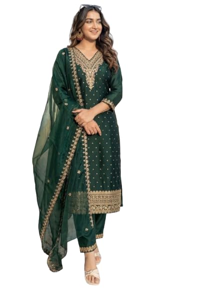 Image of VredeVogel Women's Chanderi Silk Embroidered Kurta with Pant & Organza Dupatta Set | Casual Outfit Ethnic Kurta Set for Women | Modern & Traditional Blend Ethnic Wear