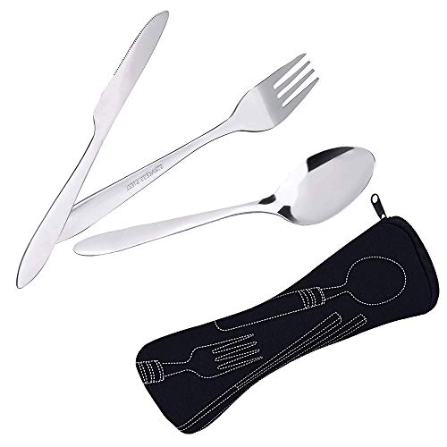 langjiao - Cubiertos para camping de acero inoxidable (cuchillo, tenedor, cuchara) con bolsa de neopreno, ideal para viajes y acampada, paquete de 3, negro Cover