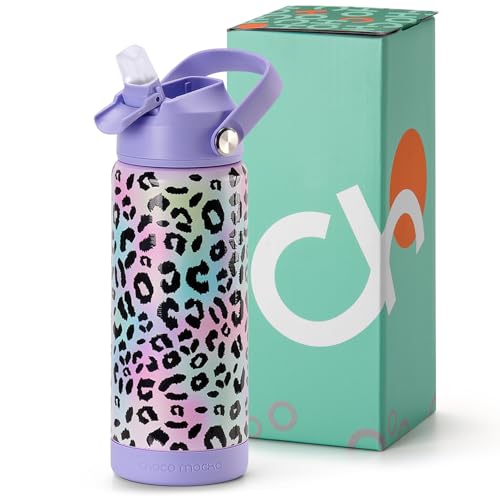 Image of Choco Mocha Kids Water Bottle For School, Kids Insulated Cheetah Water Bottle Stainless Steel for Girls,18Oz Purple Leopard