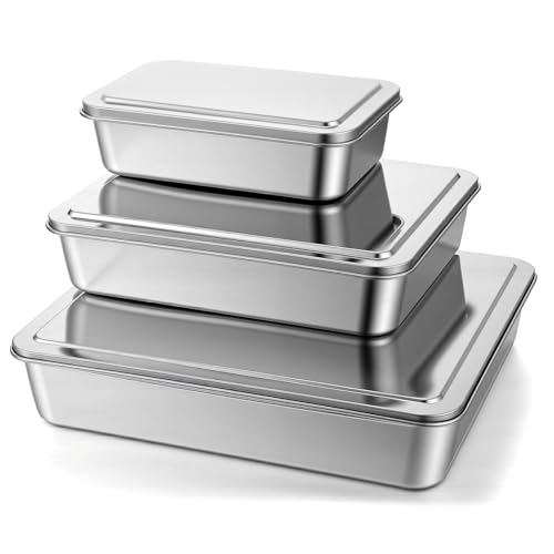 Afcabakila stainless steel baking pans stainless steel cake pan baking pans set bakings pan with lid 13/11/9Inch Set of 3 Large Cake Panss for Cakes Breads Casseroles Fish Vegetable