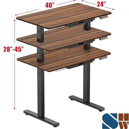 Image of SHW 40-Inch Electric Height Adjustable Standing Desk with Drawer, Memory Preset and Cable Management Tray, Walnut