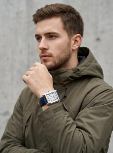 Image of LONGBO Mens Watch Rectangular Shape Alloy Case Business Casual Genuine Leather Strap with Seconds Subdial | Calendar Date | Scratch Resistant Waterproof Watches for Men