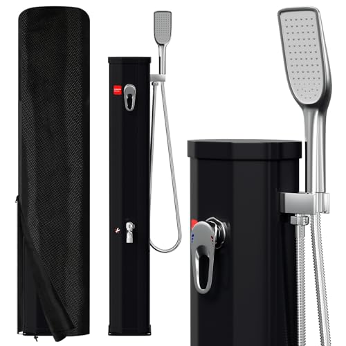 Joparri Douche solaire 20 l, eau chaude jusqu'à 60 °C sans électricité, demi-colonne avec douchette, capot de protection et drainage, avec robinet, douche solaire...