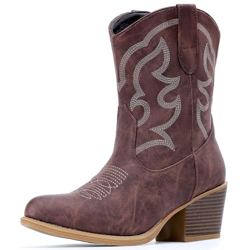 Image of IXU Cowboy Boots for Women Wide Suede Ankle Western Cowgirl Boots Mid Calf Pointed Toe Short Chunky Classic Booties