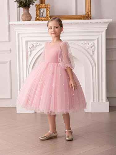 Flower Girls Tulle Dress with Pearls Bow Knot V-Back Contrast Mesh Puff Half Sleeves for Formal Wedding Party4