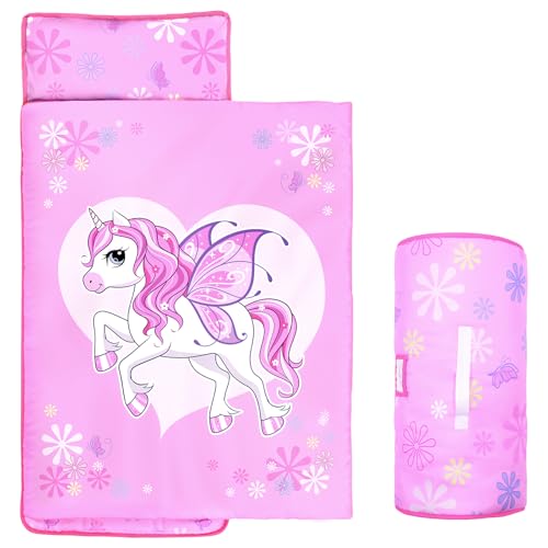 Unicorns Toddler Nap Mat - Portable Sleeping Bag with Removable Pillow & Built-in Blanket, Gentle Preschool Mat for Travel, Camping (Magical Design)