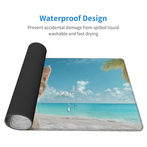 Image of Summer Cat Beach Extended Gaming Mouse Pad, with Stitched Edges Large Mouse Pad Desk Protector, Rubber Base Mousepad Keyboard Mouses Mat for Work Game Office Home- 32 inch X 12 inch Inch,E222