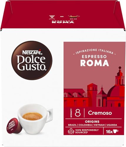 Image of Nescafe Dolce Gusto Espresso Roma Coffee Pods By COUGAR | Intensity 8 Cremoso Blend | Italian Inspired Rich & Smooth Roast | Compatible with Dolce Gusto Machines | 16 Capsules | Aromatic Balanced Espresso | Premium Coffee Experience - (Imported-UK)