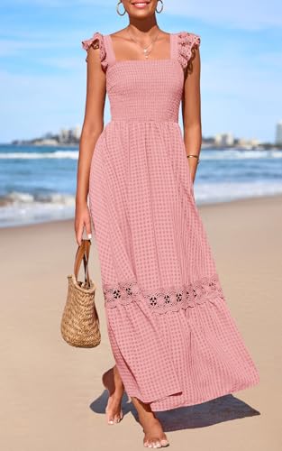 Image of PRETTYGARDEN Women's Smocked Summer Maxi Dresses 2026 Ruffle Cap Sleeve Square Neck Lace Detail Flowy Sundress with Pockets