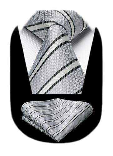 Image of HISDERN Mens Striped Ties Classic Silk Woven Tie and Pocket Square Set Formal Business Necktie Handkerchief for Wedding