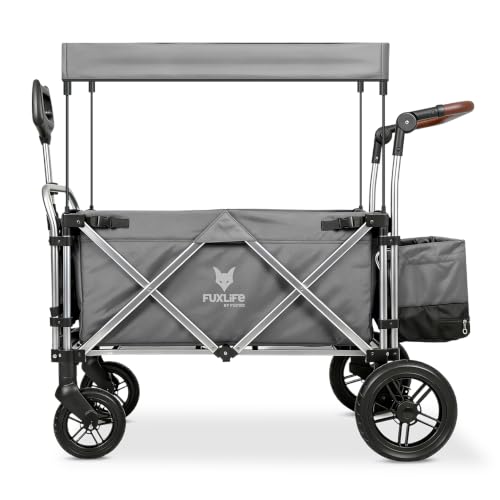 FUXLIFE Bollerwagen FX-CTL900 Grau - Premium faltbar • Kinder Transportwagen mit Sonnendach • gepolsterter Innenraum & 5-Punkt-Gurte • gefederte Räder • kompakt klappbarer Handwagen mit Kühltasche