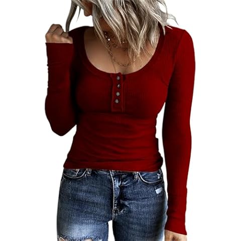 FANGJIN Women Shirts Winter Casual Long Sleeve Tunic Tops Fitted Scoop Neck Tee for Women Women's Trendy Pullover Sweaters Wine Red Medium Cover
