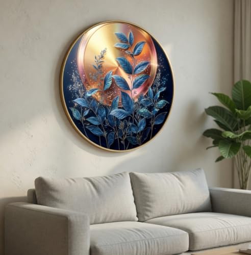 Image of SAF Modern Abstract Leaf Wall Painting with Golden PVC Frame Round Botanical Wall Art Luxury Blue Gold Design for Living Room Bedroom Office Home Decor Gift Item (20 x 20 Inch) GRL-349