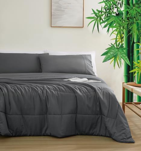 Zaizaihome Natural Cooling Bamboo Viscose Comforter Set King Size 3 Pieces Soft Breathable Moisture-Wicking Quilt with Matching Pillowcases Perfect for Hot Sleepers & Night Sweats (Dark Grey)