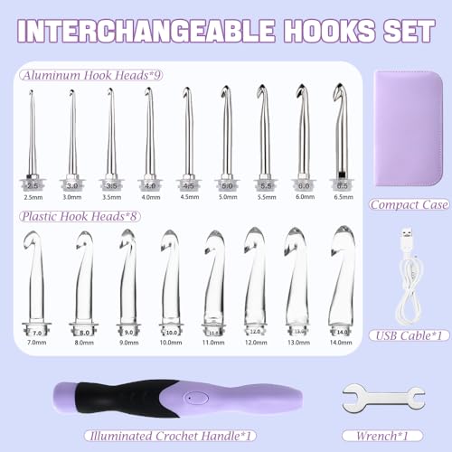 Image of Lewhoo 17 Sizes Lighted Crochet Hooks Set 2.5mm~14.0mm, Metal Crochet Hook with Interchangeable Crochet Head