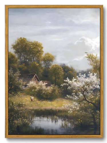 Image of KISSFOX Vintage Framed Wall Art Decor Country Cottage Landscape Pictures Wall Decor Modern Farmhouse Canvas Art Prints Retro Rustic Paintings Artwork For Bedroom Bathroom Living Room