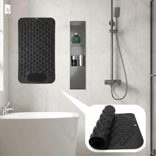 Image of Charge -X Anti Slip Bath Mat with Foot Scrubber for Bathroom | 2-in-1 Silicone Shower Mat with Suction Cups & Drainage Holes | Deep Cleaning Foot Scrubber Massage Mat (70 x 35 cm) Black