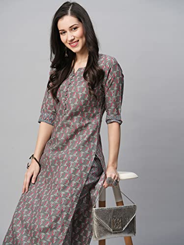 Image of GoSriKi Women's Cotton Blend Printed Straight Kurta With Pant