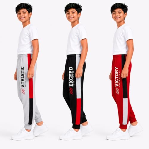 Image of Boys Jogger Track Pants, Pack of 3, Grey, Black and Red, Graphic Print, Athletic Sports Wear