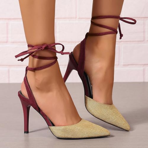 Image of Women's Pumps Strappy High Heels Lace Up Stiletto Pointed Closed Toe Party Wedding Dress Shoes