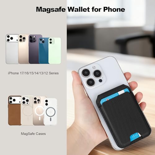 Image of TOYFID Men's Magnetic Leather Wallet, MagSafe RFID Card Holder with Stand Carbon Fiber Black