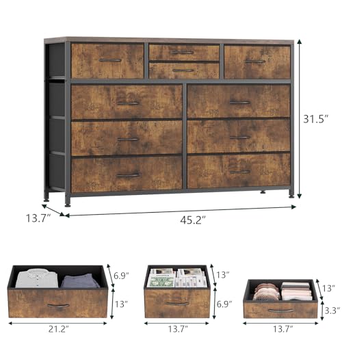 Jojoka Wide 10 Drawer Dresser,TV Stand Entertainment Center Fabric Storage Dressers Drawers for Bedroom, Hallway, Nursery, Closets, Steel Frame, Wood Top (Rustic)
