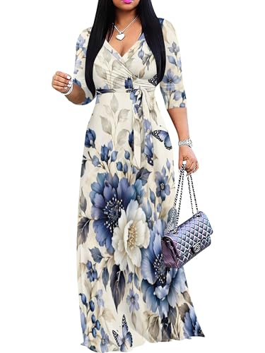 Image of Women Plus Size Long Sleeve V Neck Maxi Dress with Belt | Soft fabric relaxed fit three quarter sleeve v neck with pockets for party and daily wear