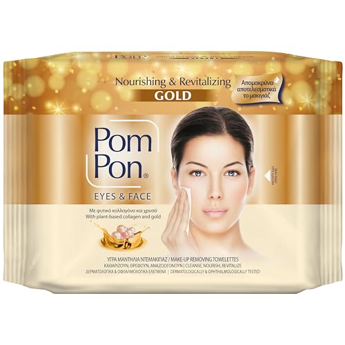 Pom Pon GOLD Toallitas Desmaquillantes para Rostro y Ojos, con Ingredientes Naturales, Nutritivas y Revitalizantes, 20 unidades