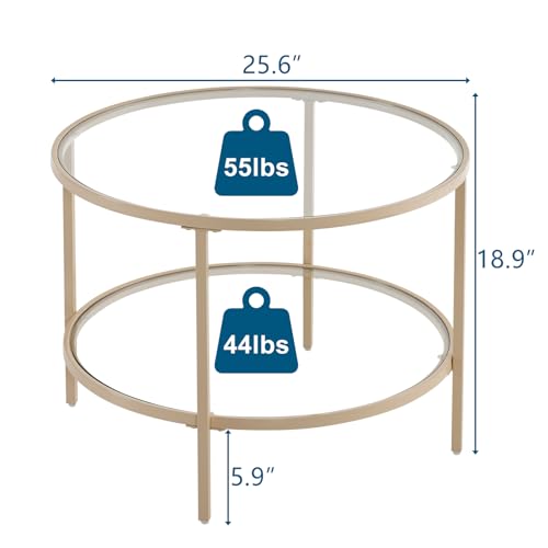 Image of VINGLI Glass Coffee Table, 25.6 inch Round, 2-Tier With Storage, Modern Center Table With Beige Frame, Transparent for Living Room, Mesa de Centro Para Sala