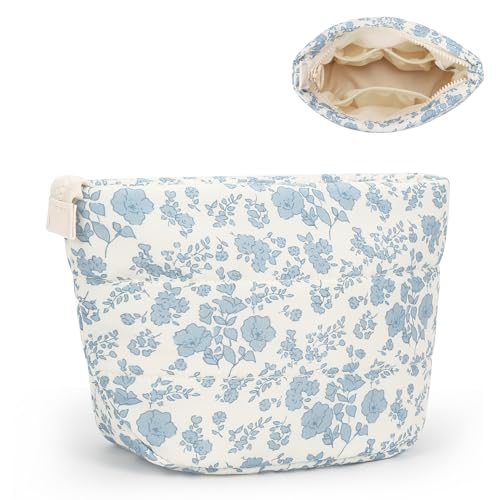 Twofold Travel Makeup Bag for Women, Small Cosmetic Organizer with Compartments, Portable Handbag for Essensial with Soft Materials, Personalized Preppy Make Up Pouch- Blue Flower