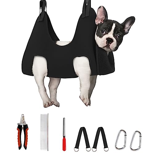Image of Supet Dog Grooming Hammock Harness for Dogs Cats, Relaxation Pet Nail Clipper Hammock, Restraint Dog & Small Animal Leashes Sling for Groomingk for Nail Trimming (Black, S)