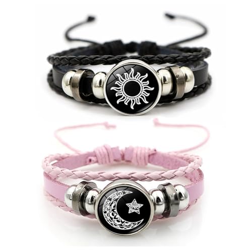 Luminous Sun and Moon Couple Bracelet - Glow in the Dark Matching Braided Leather Jewelry for Couples, Adjustable Long Distance Love Gift for Him & Her