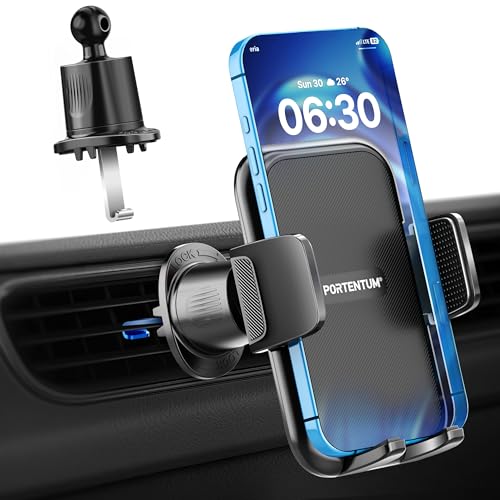PORTENTUM Soporte movil Coche Rejilla de ventilación – Nueva versión 2026 – Sistema de Triple Anclaje – Rotación 360° orientable – Suporte telemovel Carro Compatible con teléfonos de 4 a 7.5'