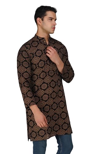 Image of Vastraa Fusion Men's Printed Kurta Pure Cotton Long Kurta, Round Collar, Full Sleeves, Button Kurta, Ethnic Wear