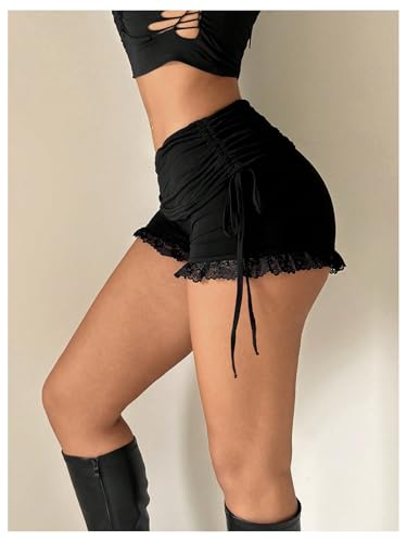 WDIRARA Women's Side Drawstring Ruched Lace Shorts Low Rise Stretchy Mini Shorts3