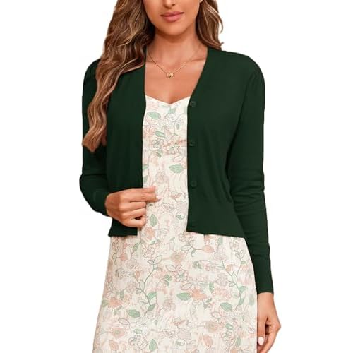 Women's V-Neck Button Down Long Sleeve Cardigan for Women Cropped Soft Lightweight Knit Sweater Darkgreen Large