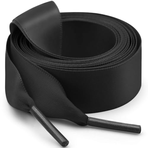 WEGOODZF Flat Satin Ribbon Shoelaces: 2cm Wide 23 inch Black Silk Shoe Laces for Women -2 Pair