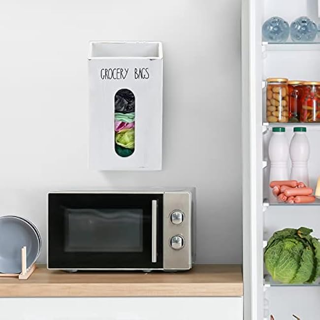 Farmhouse Grocery Bag Holder for Kitchen, Wooden Plastic Bags Holder for Supermarket shopping carrier Recycle, Wall Mounted Garbage Bag Dispenser with Extra-Wide & Easy-Access Openings, White
