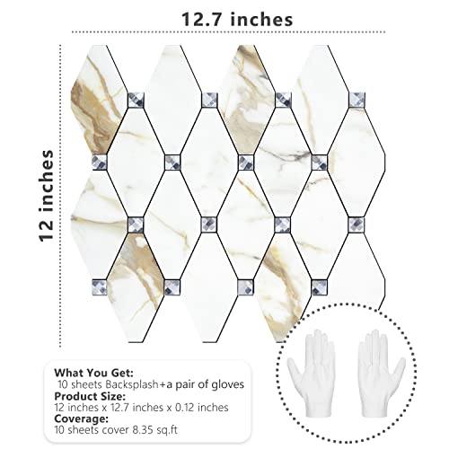 Stickgoo 10 Sheets Peel And Stick Backsplash, Calacatta Golden Stick On Mosaic Tiles For Kitchen Wall Decor, Self Adhesive Long Hexagon Pvc Tile Kitchen Backsplash #TOP5